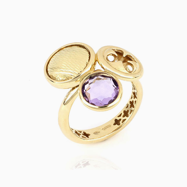 Three Charm Purple Amethyst Gold Ring
