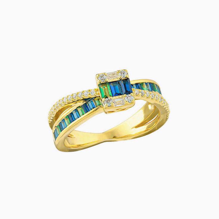 Diamond And Blue Green Sapphire Square Ring
