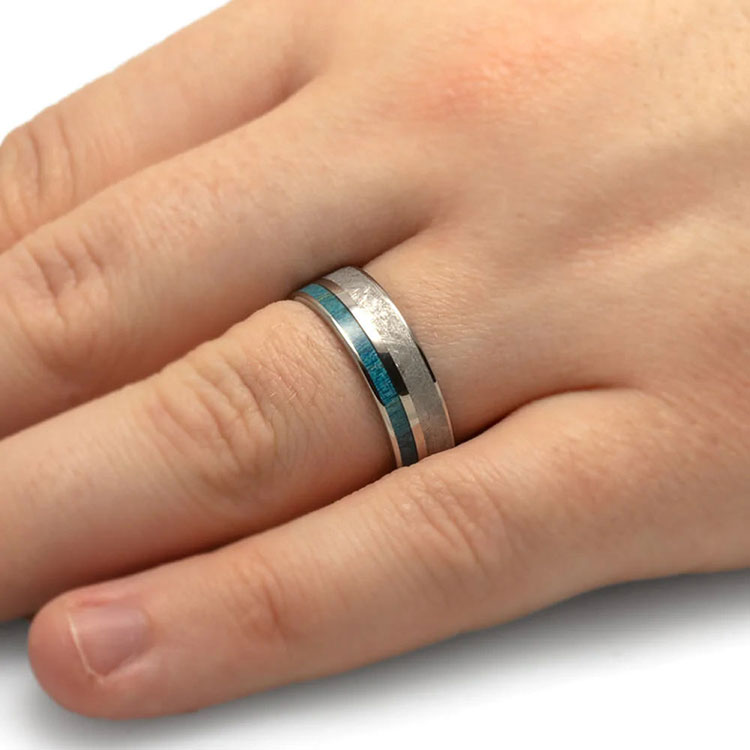 Meteorite And Blue Wood Mens Wedding Band With Pinstripe